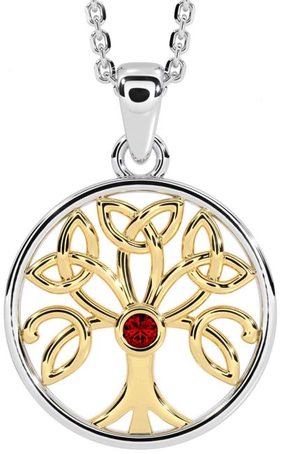 Garnet Gold Silver Celtic Tree of Life Trinity Knot Necklace