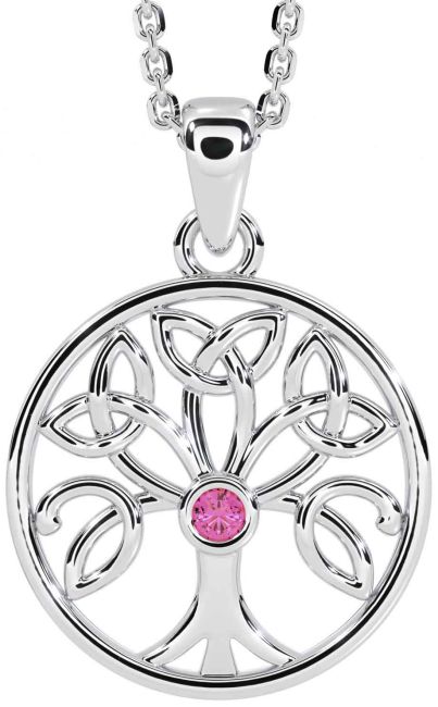 Pink Tourmaline White Gold Celtic Tree of Life Trinity Knot Necklace