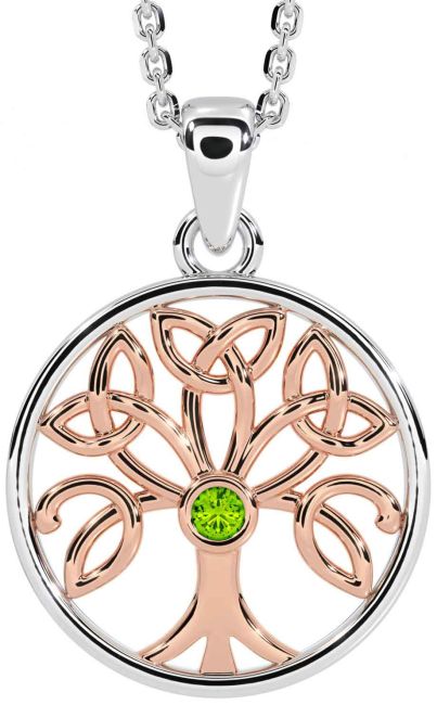 Peridot White Rose Gold Celtic Tree of Life Trinity Knot Necklace