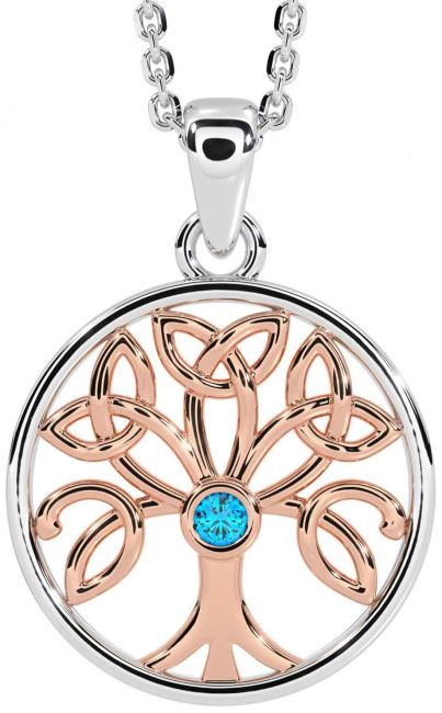 Topaz White Rose Gold Celtic Tree of Life Trinity Knot Necklace