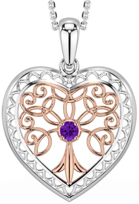 Amethyst Rose Gold Silver Celtic Tree of Life Heart Necklace