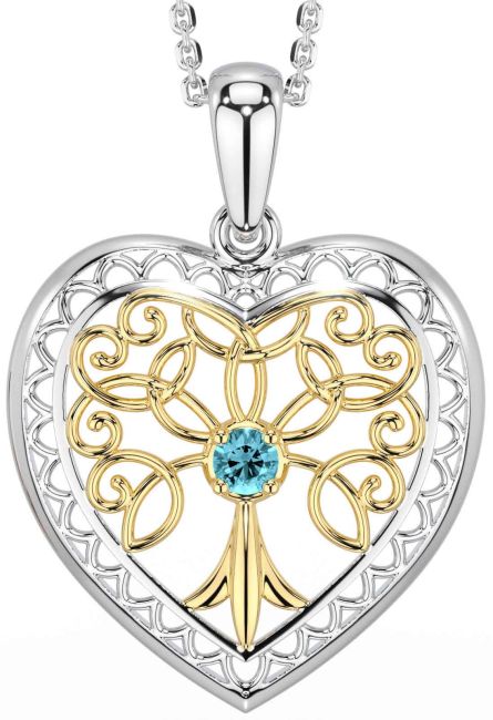Aquamarine Gold Silver Celtic Tree of Life Heart Necklace