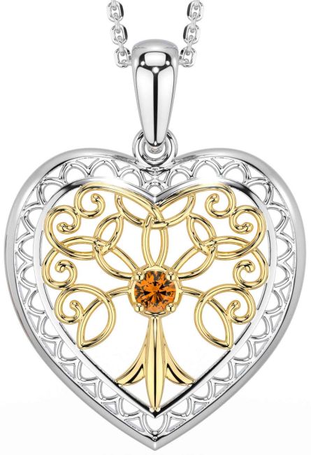 Citrine Gold Silver Celtic Tree of Life Heart Necklace