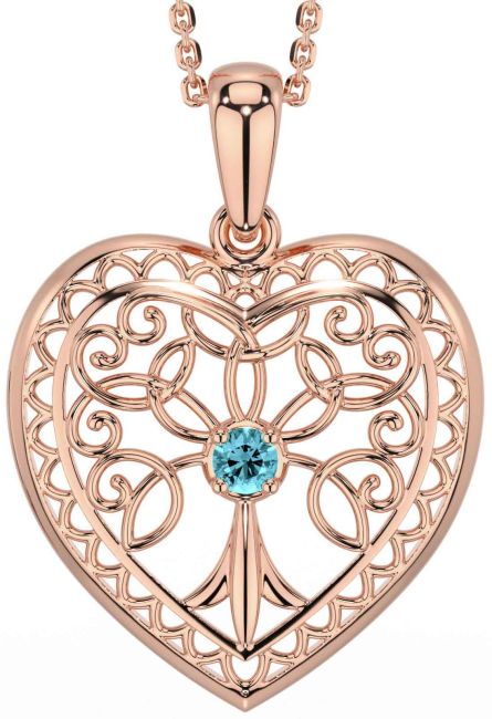 Aquamarine Rose Gold Silver Celtic Tree of Life Heart Necklace