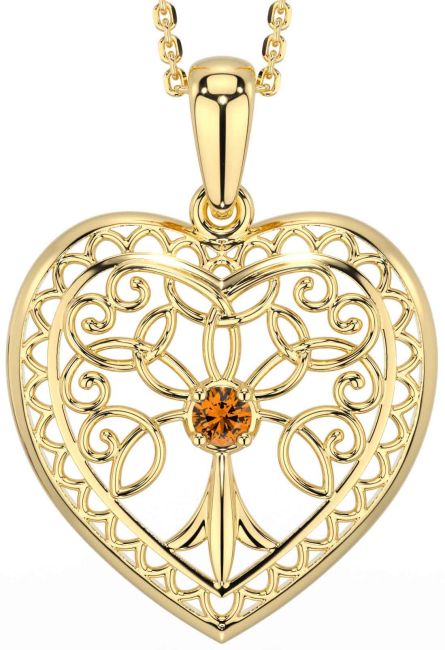 Citrine Gold Silver Celtic Tree of Life Heart Necklace