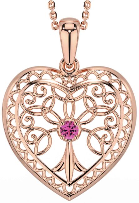 Pink Tourmaline Rose Gold Celtic Tree of Life Heart Necklace