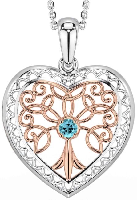 Aquamarine Rose Gold Silver Celtic Tree of Life Heart Necklace