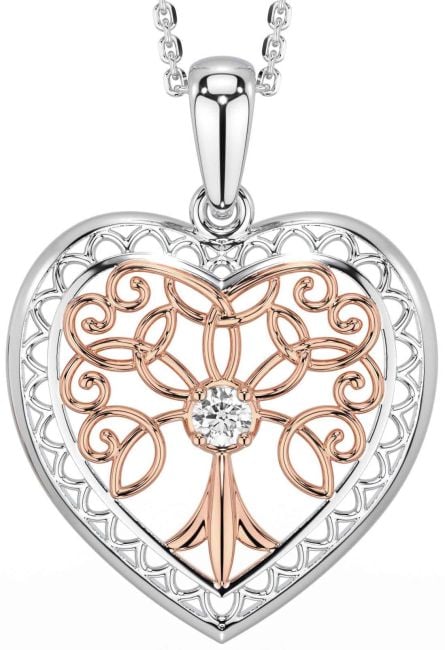 Diamond Rose Gold Silver Celtic Tree of Life Heart Necklace