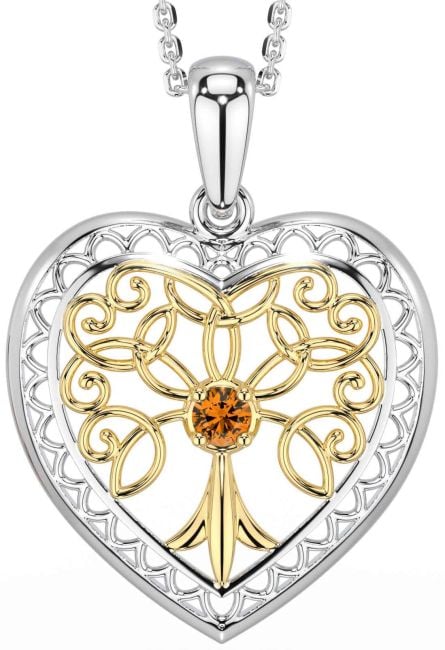 Citrine Gold Silver Celtic Tree of Life Heart Necklace