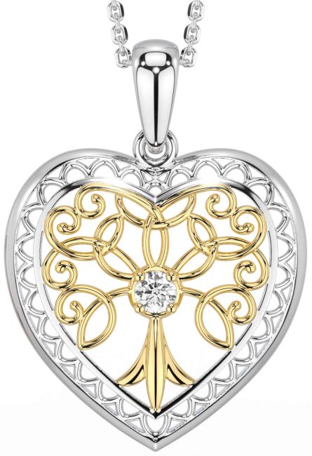 Diamond Gold Silver Celtic Tree of Life Heart Necklace
