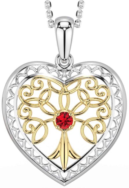 Ruby Gold Silver Celtic Tree of Life Heart Necklace