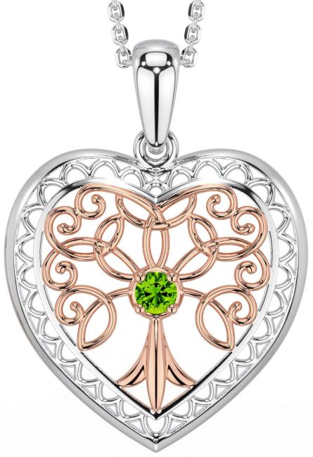 Peridot White Rose Gold Celtic Tree of Life Heart Necklace
