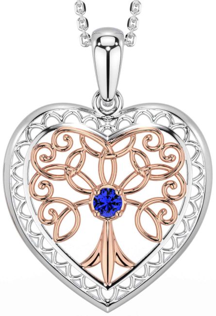 Sapphire White Rose Gold Celtic Tree of Life Heart Necklace