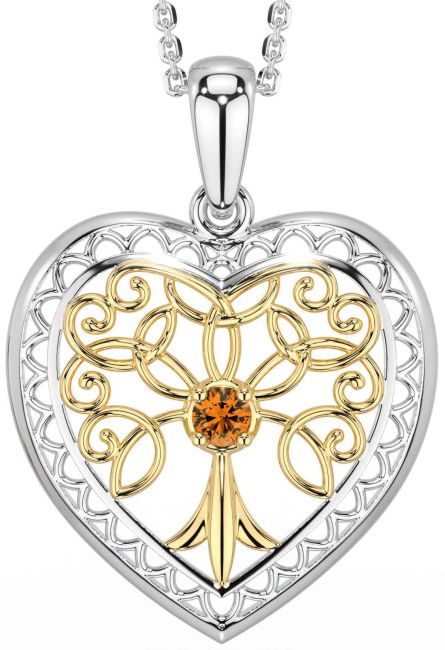 Citrine White Yellow Gold Celtic Tree of Life Heart Necklace
