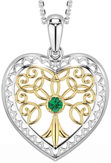 Emerald White Yellow Gold Celtic Tree of Life Heart Necklace