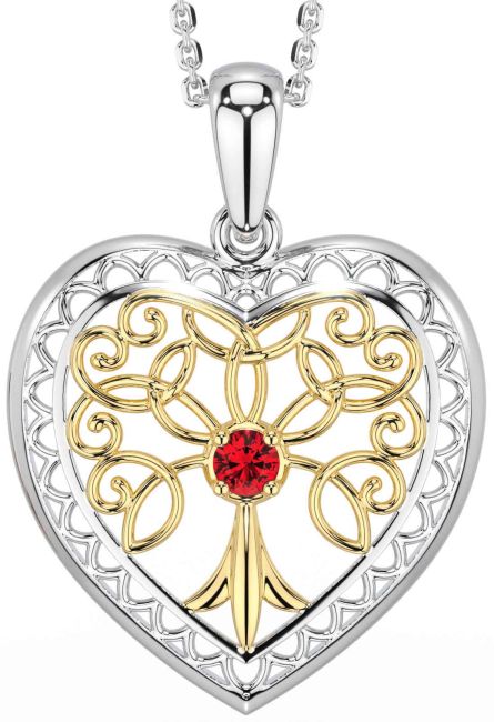 Ruby White Yellow Gold Celtic Tree of Life Heart Necklace