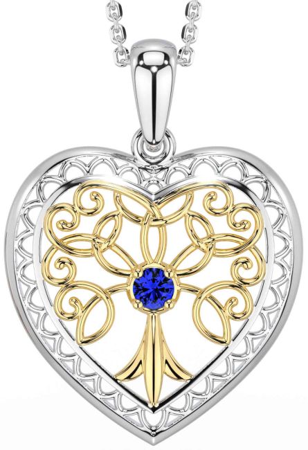 Sapphire White Yellow Gold Celtic Tree of Life Heart Necklace