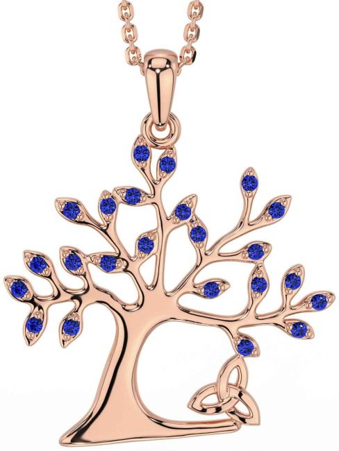 Sapphire Rose Gold Celtic Tree of Life Trinity Knot Necklace