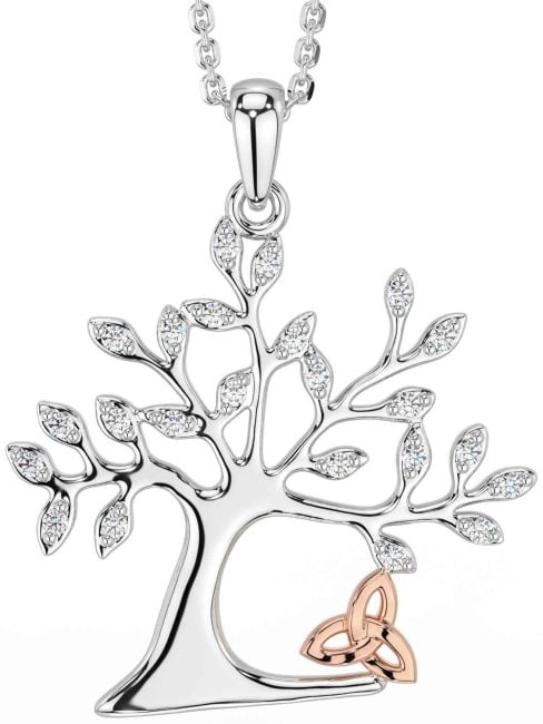 Diamond Rose Gold Silver Celtic Tree of Life Trinity Knot Necklace