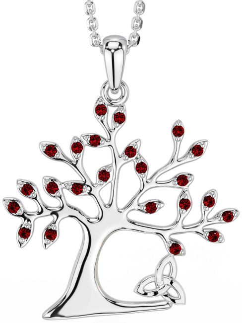 Garnet White Gold Celtic Tree of Life Trinity Knot Necklace