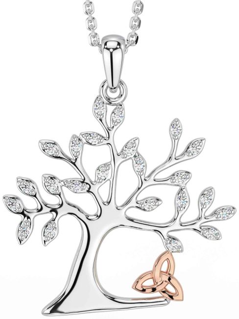 Diamond White Rose Gold Celtic Tree of Life Trinity Knot Necklace