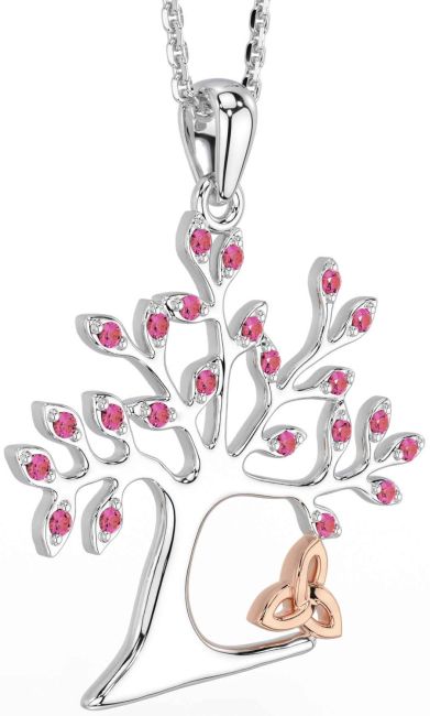 Pink Tourmaline White Rose Gold Celtic Tree of Life Trinity Knot Necklace
