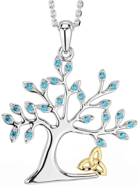 Aquamarine White Yellow Gold Celtic Tree of Life Trinity Knot Necklace