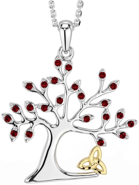 Garnet White Yellow Gold Celtic Tree of Life Trinity Knot Necklace