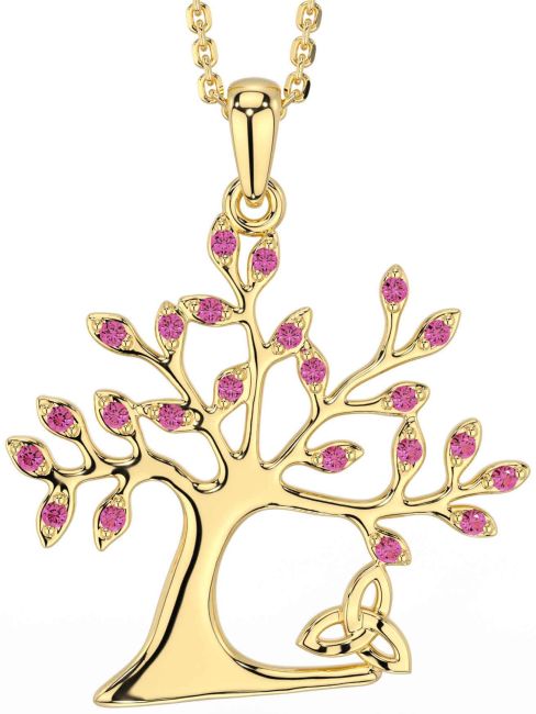 Pink Tourmaline Gold Celtic Tree of Life Trinity Knot Necklace