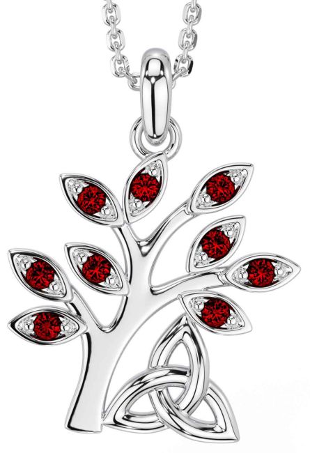 Garnet White Gold Celtic Tree of Life Trinity Knot Necklace