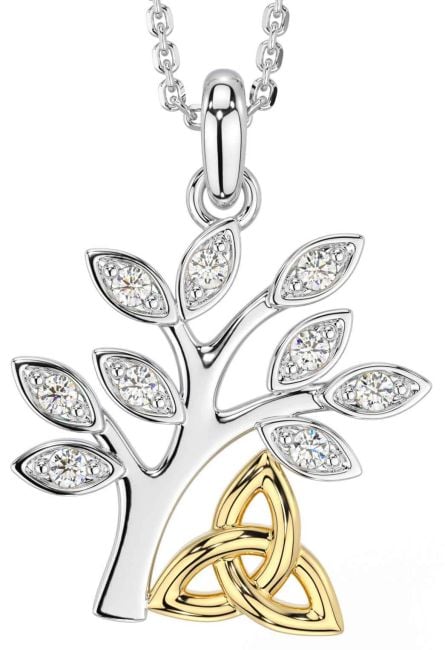 Diamond White Yellow Gold Celtic Tree of Life Trinity Knot Necklace
