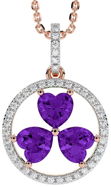 Diamond Amethyst Rose Gold Silver Shamrock Necklace