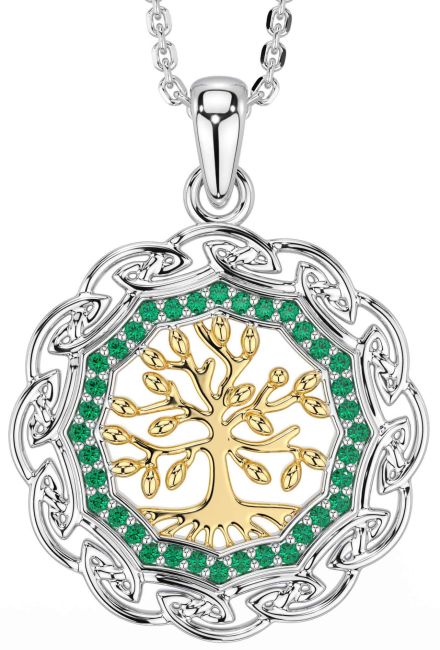 Emerald Gold Silver Celtic Tree of Life Necklace