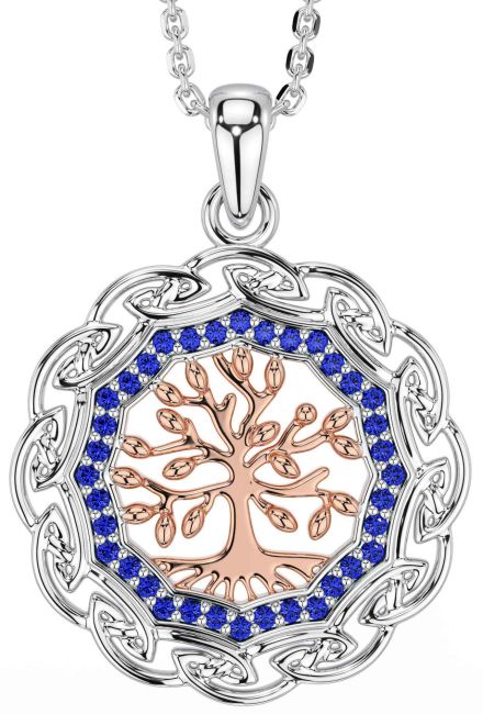 Sapphire Rose Gold Silver Celtic Tree of Life Necklace