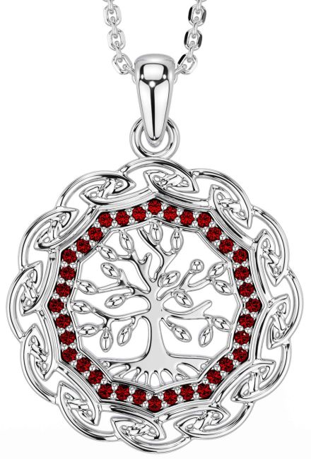 Garnet White Gold Celtic Tree of Life Necklace