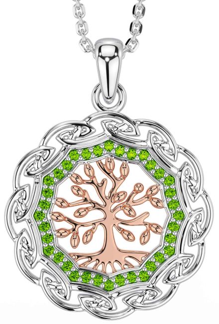 Peridot White Rose Gold Celtic Tree of Life Necklace