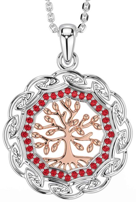 Ruby White Rose Gold Celtic Tree of Life Necklace