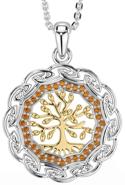 Citrine White Yellow Gold Celtic Tree of Life Necklace