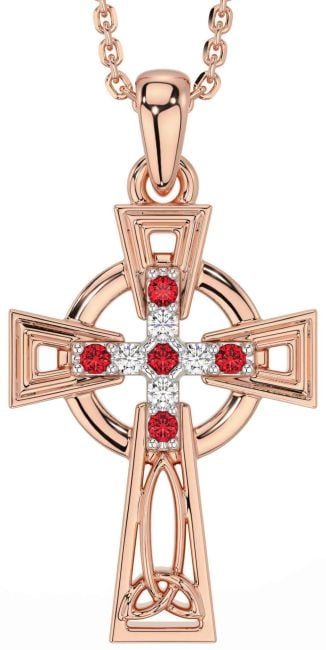 Diamant Rubin Rose Gold Silber keltisch Kreuzen Halskette