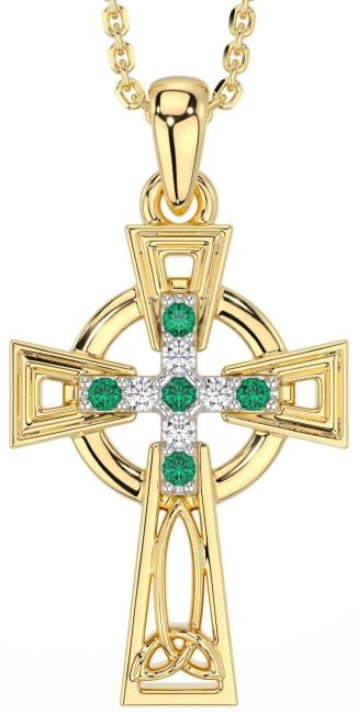 Diamond Emerald Gold Silver Celtic Cross Necklace