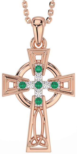 Diamond Emerald Rose Gold Celtic Cross Necklace