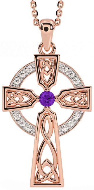 Diamond Amethyst Rose Gold Silver Celtic Cross Necklace