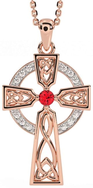 Diamond Ruby Rose Gold Silver Celtic Cross Necklace