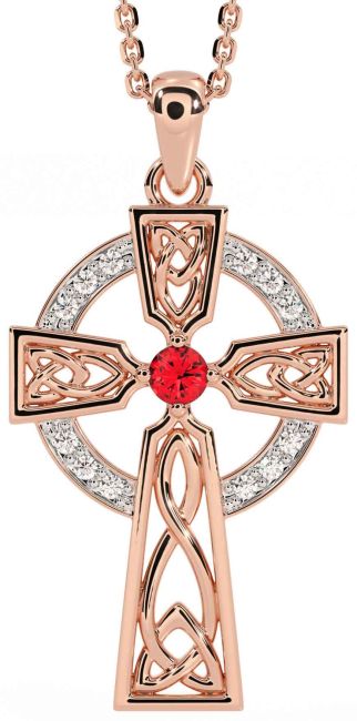 Diamond Ruby Rose Gold Celtic Cross Necklace