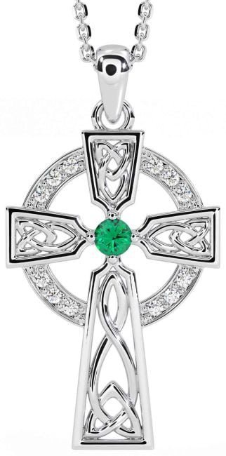 Diamond Emerald Silver Celtic Cross Necklace