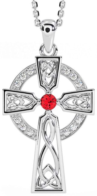 Diamond Ruby White Gold Celtic Cross Necklace