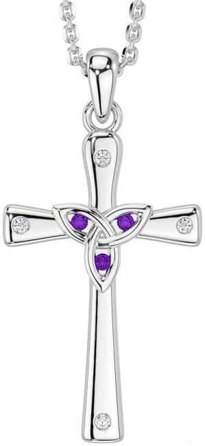 Diamant Ametyst Sølv Celtic Kryss Treenighet Knute Halskjede