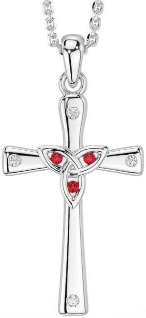 Diamond Ruby Silver Celtic Cross Trinity Knot Necklace