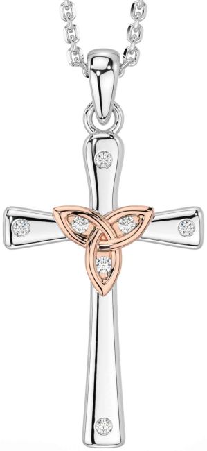 Diamond Rose Gold Silver Celtic Cross Trinity Knot Necklace