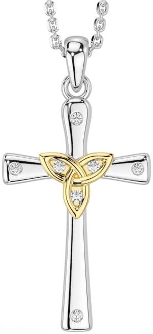 Diamond Gold Silver Celtic Cross Trinity Knot Necklace